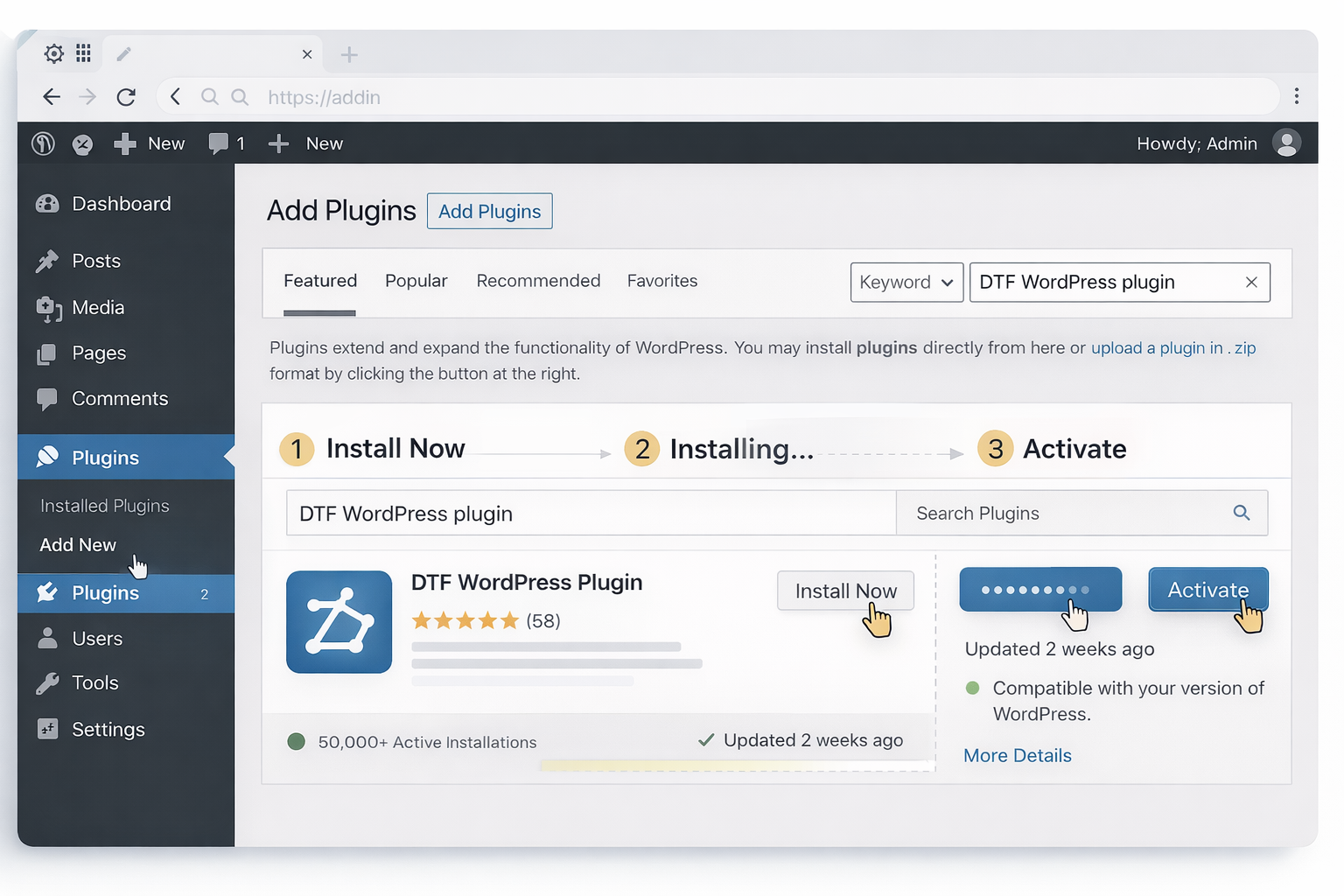 Step-by-step installation of a DTF WordPress plugin from the WordPress dashboard showing Install Now and Activate options
