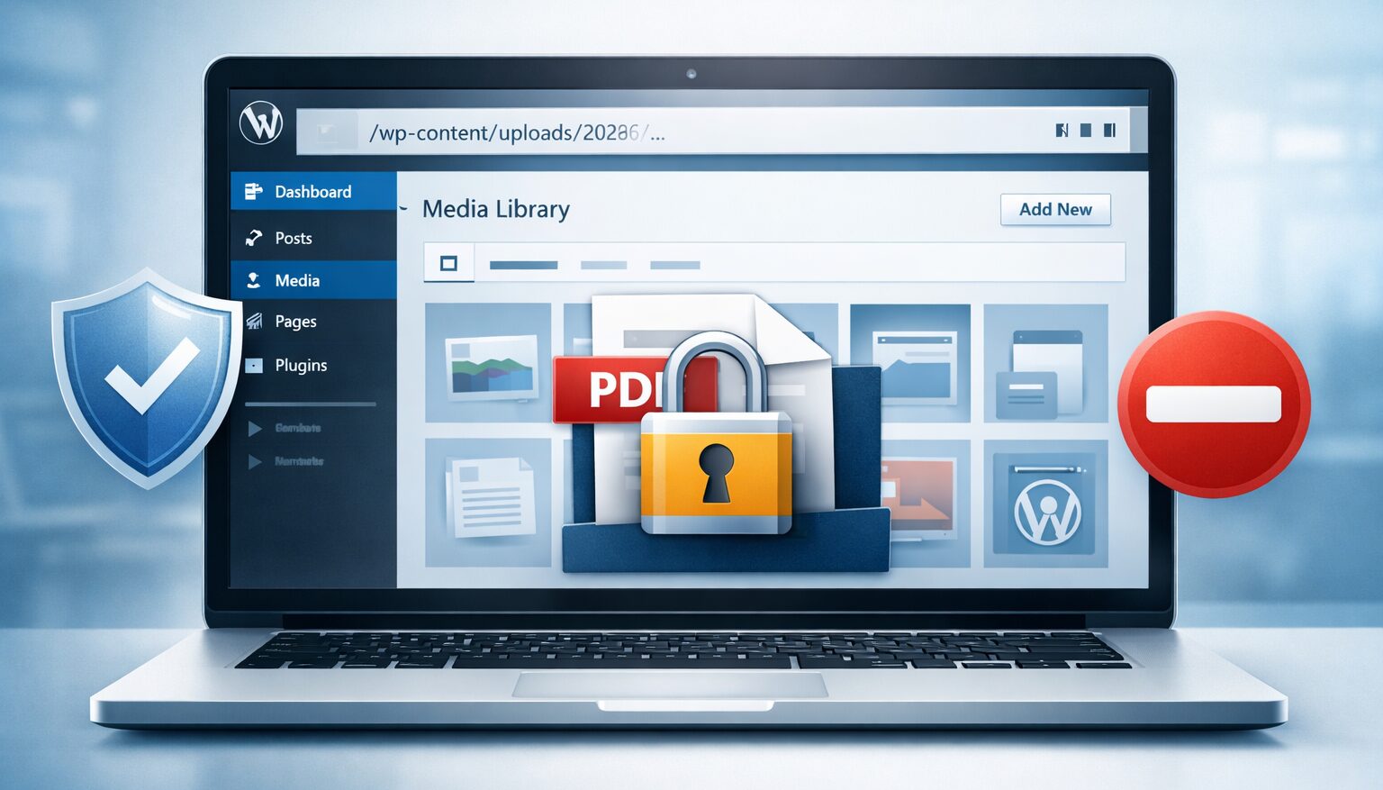 Secure WordPress Media Library interface displaying restricted PDF file with blocked direct URL access and cybersecurity shield protection.