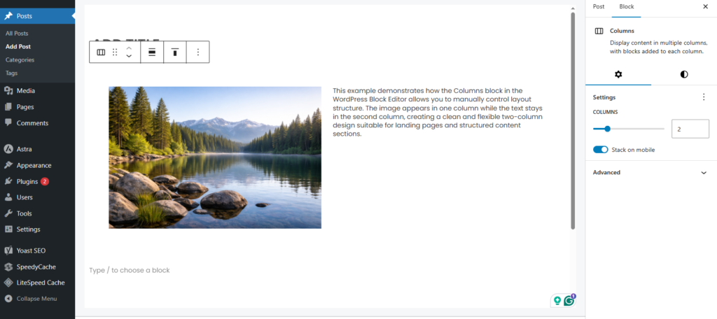 WordPress block editor showing Columns block with image in one column and text in the second column
