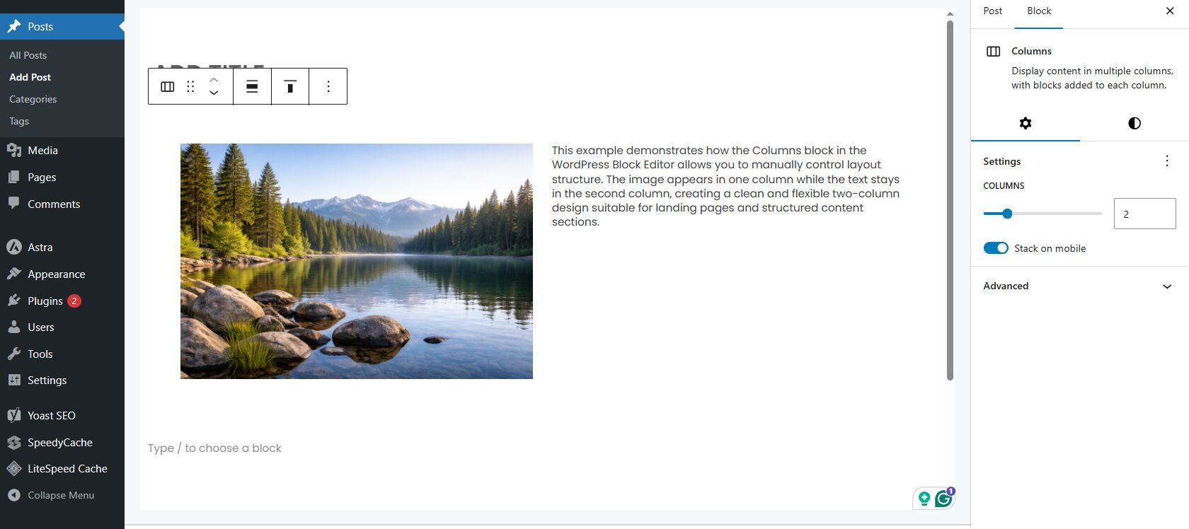 WordPress Columns block example displaying image and text side by side