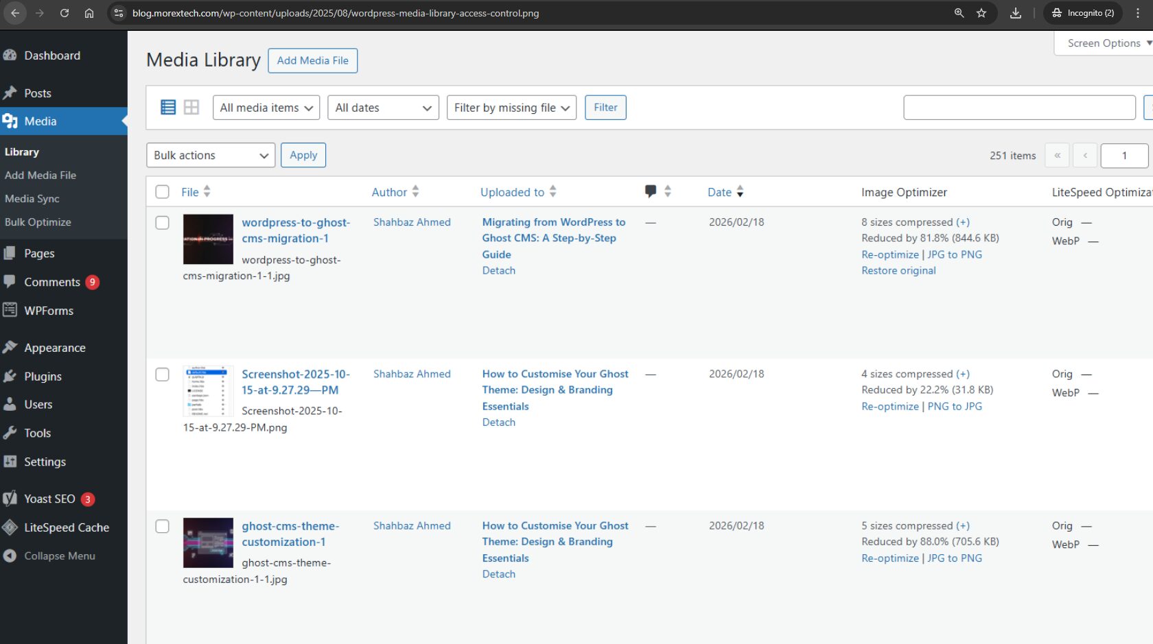 WordPress Media Library showing direct URL access to uploaded files in the wp-content/uploads directory