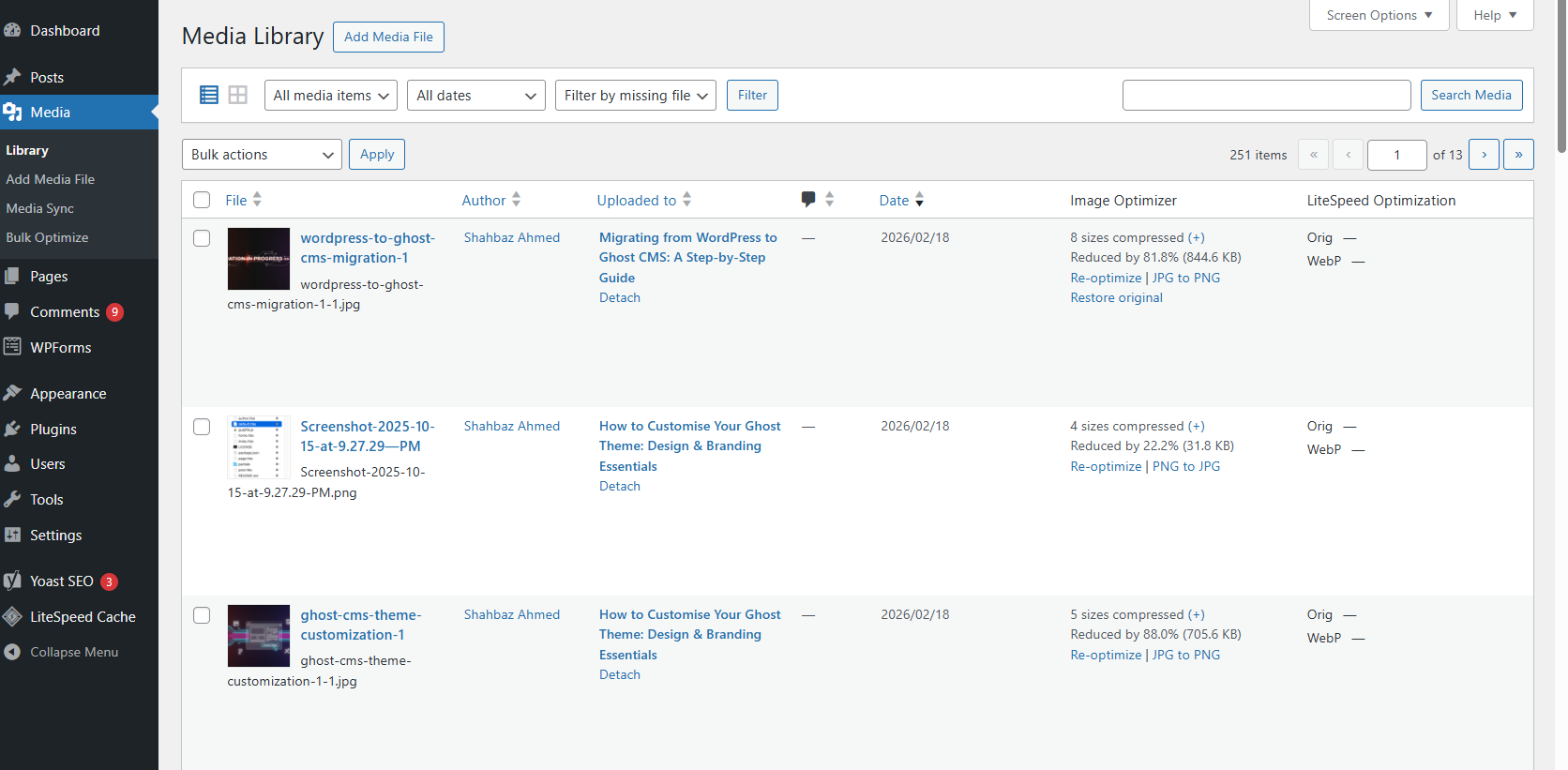 WordPress dashboard displaying Media Library access that can be restricted to prevent unauthorized access to media files in WordPress