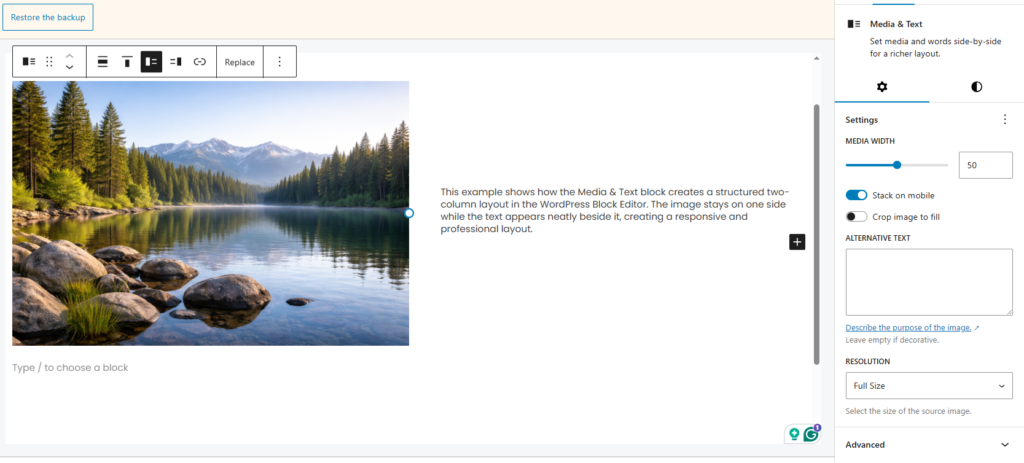 WordPress block editor showing Media & Text block with image on left and text on right in a two-column layout

