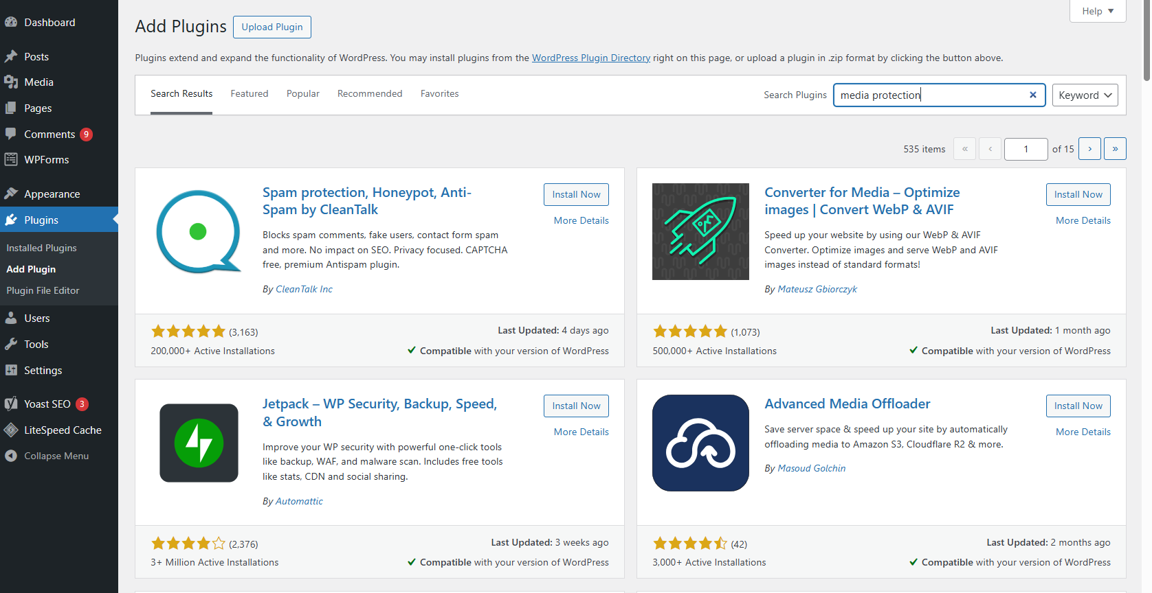 WordPress dashboard showing media protection plugins to help prevent unauthorized access to media files in WordPress