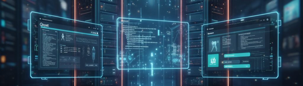 Ghost CMS dashboard interface highlighting speed, SEO performance, and modern blogging platform features
