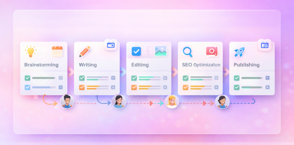 Content management workflow showing tasks from brainstorming to publishing using a structured task management process in WordPress
