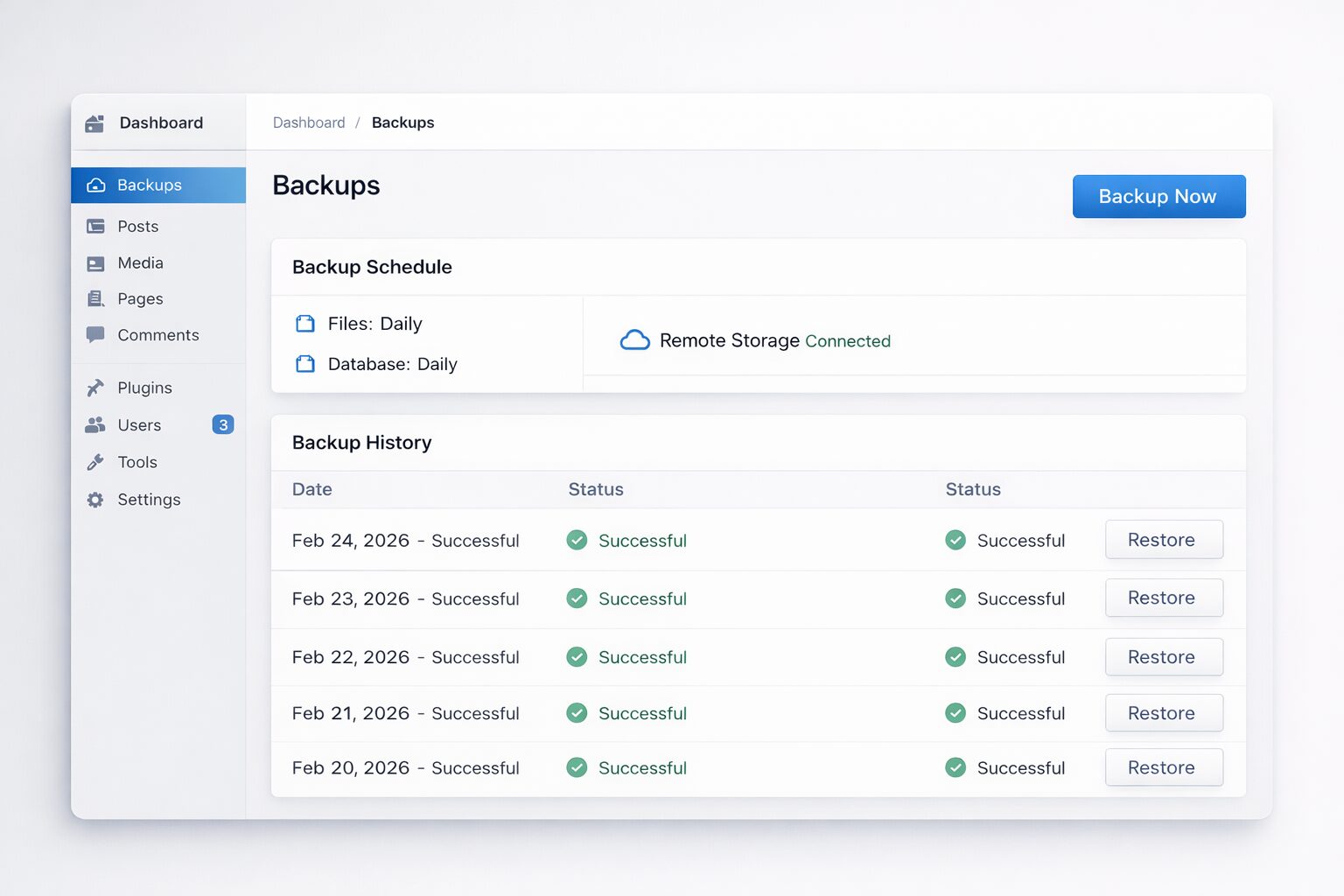WordPress backup dashboard interface showing daily file and database backups, remote storage connection, and successful restore history.