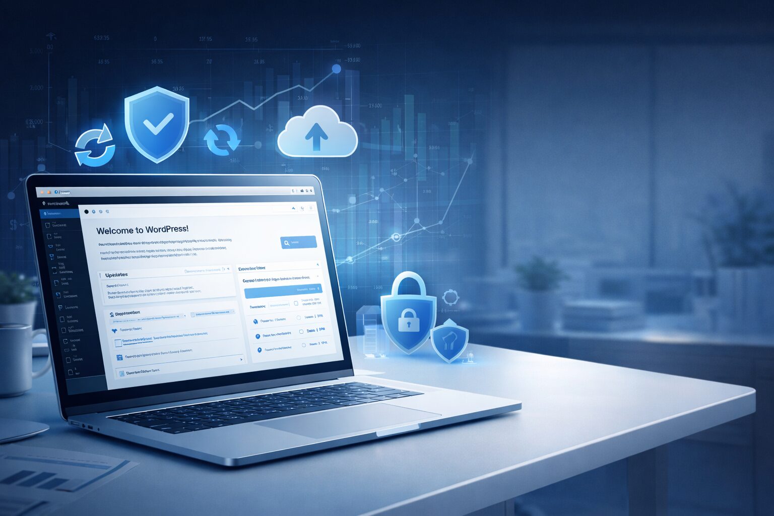 WordPress care plans concept showing secure website management dashboard with updates, backups, security monitoring, and performance optimization.
