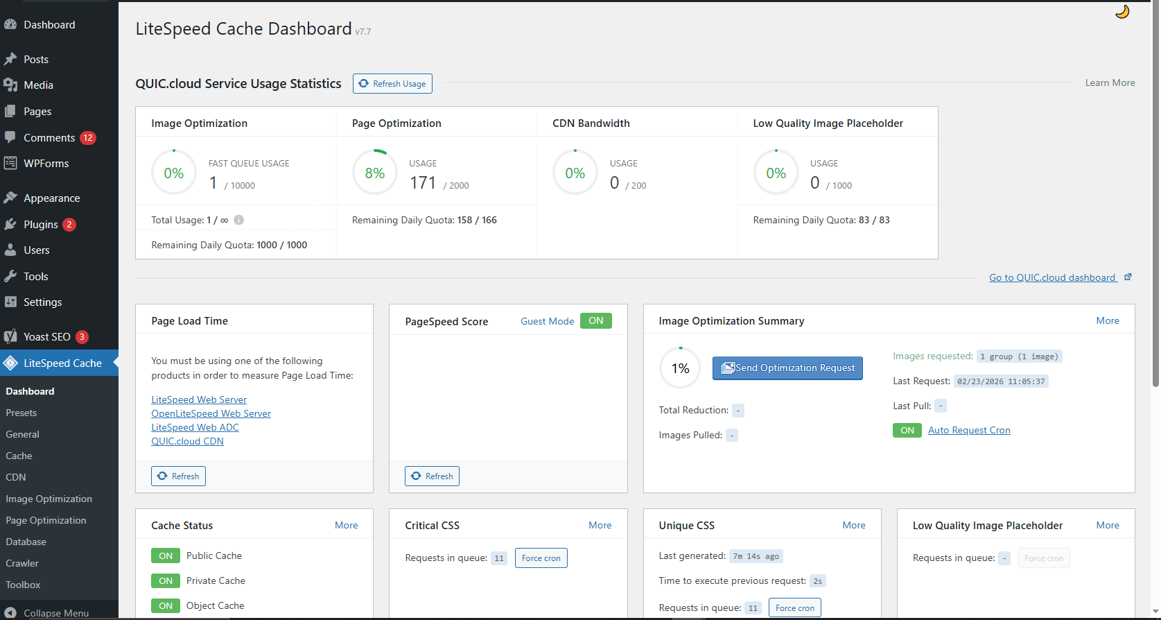 WordPress performance optimization dashboard showing LiteSpeed Cache settings, image optimization, and cache status.